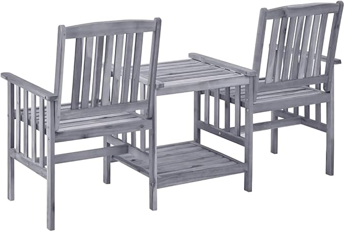 Grey Acacia Wood Garden Chair Set with Tea Table and Cushions for Outdoor Relaxation, Includes Two Armchairs and a Stylish Table for Patio, Balcony, or Garden Use, Durable