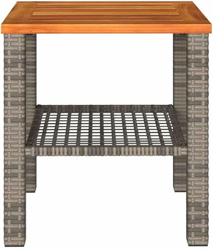 Small Square Garden Table, Synthetic Rattan Outdoor Side Table with Acacia Wood Accents, Weather Resistant Patio Furniture for Balcony, Porch, Backyard, Grey