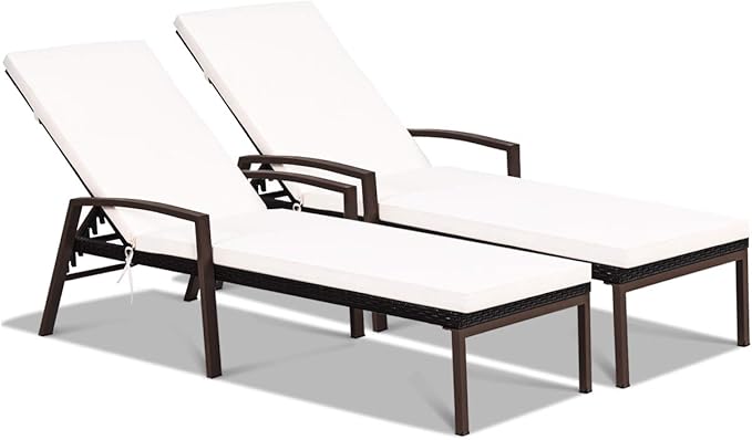Tangkula Set of 2 Patio Furniture Outdoor Rattan Wicker Lounge Chair Set Adjustable Poolside Chaise with Armrest and Removable Cushions