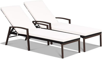 Tangkula Set of 2 Patio Furniture Outdoor Rattan Wicker Lounge Chair Set Adjustable Poolside Chaise with Armrest and Removable Cushions
