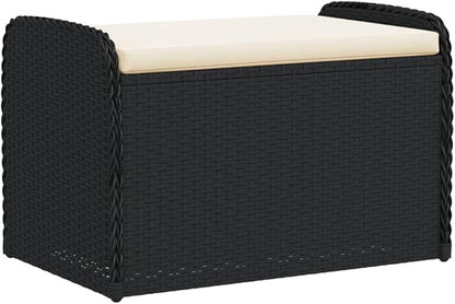 vidaXL Outdoor Garden Storage Bench with Cushion - Weather- Black Poly Rattan, Padded Seat, UV Protection, Easy Maintenance, 31.5"x20.1"x20.5"
