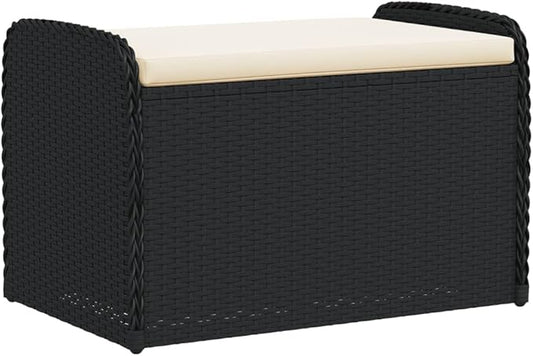 vidaXL Outdoor Garden Storage Bench with Cushion - Weather- Black Poly Rattan, Padded Seat, UV Protection, Easy Maintenance, 31.5"x20.1"x20.5"