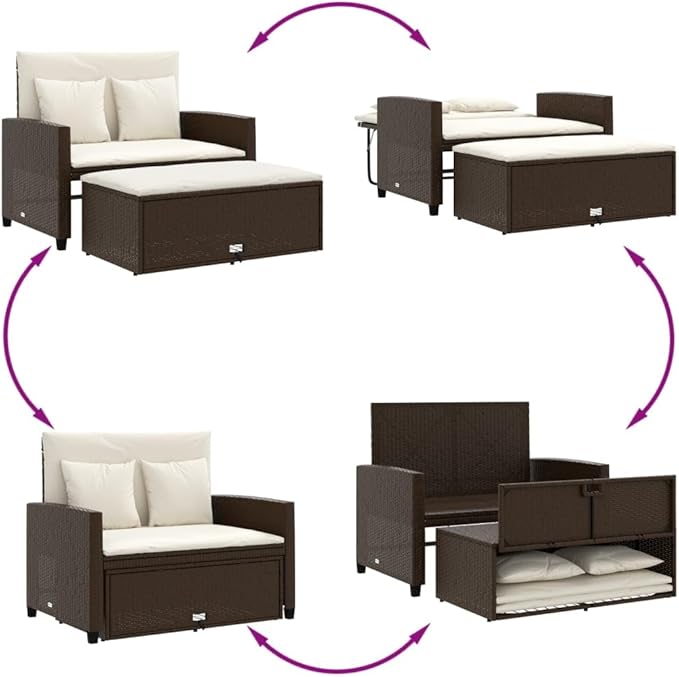 vidaXL Patio Sofa with Cushions 2-Seater, Storage Garden Bench, Patio Loveseat for Balcony Garden, Outdoor Furniture, Brown Poly Rattan