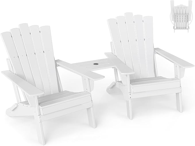 GREENVINES Folding-Adirondack-Chairs-Set-of-2 | HDPE Plastic | Throne Series | Fire Pit Chair | with Connecting Tray | Removable Table | All Weather | for Outdoor Patio Deck Poolside | White