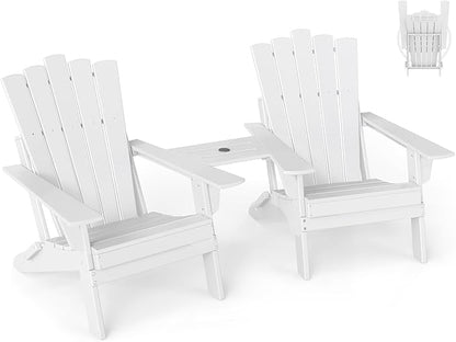 GREENVINES Folding-Adirondack-Chairs-Set-of-2 | HDPE Plastic | Throne Series | Fire Pit Chair | with Connecting Tray | Removable Table | All Weather | for Outdoor Patio Deck Poolside | White