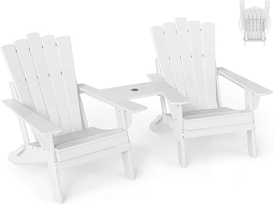 GREENVINES Folding-Adirondack-Chairs-Set-of-2 | HDPE Plastic | Throne Series | Fire Pit Chair | with Connecting Tray | Removable Table | All Weather | for Outdoor Patio Deck Poolside | White