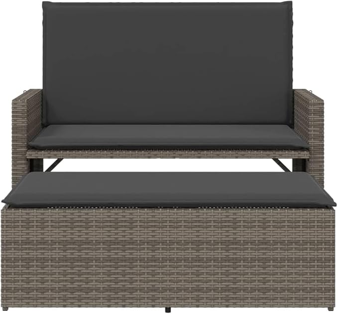 Garden Bench Deck Bench Patio Bench with Cushions and Footstool Gray Poly Rattan - Photo 5