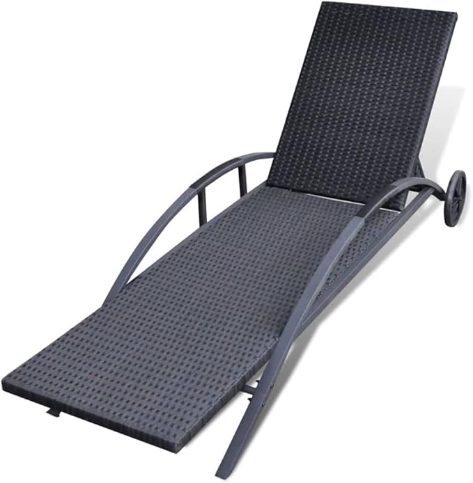 Outdoor Chaise Lounge for Patio Black Cream 78.7in Poly Rattan Reclining Sun Lounger with Wheels Adjustable Backrest - Photo 6