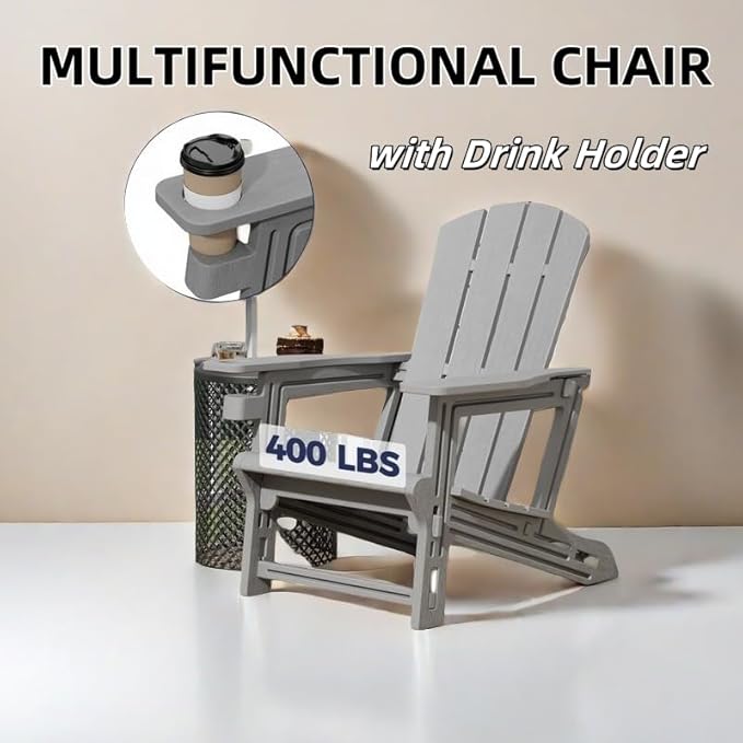 Adirondack Chair, Plastic Outdoor Weather Resistant Lawn Furniture, Patio with Cup Holder Without Screws Install, 400 LBS Capacity Recliner Chair Garden Chair for Backyard Beach, Grey