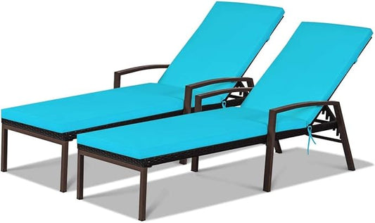 HAPPYGRILL 2 Pieces Patio Chaise Lounge Chair Outdoor Rattan Wicker Lounge Set Adjustable Backrest Poolside Chaise with Soft Cushions for Beach Pool Backyard Balcony