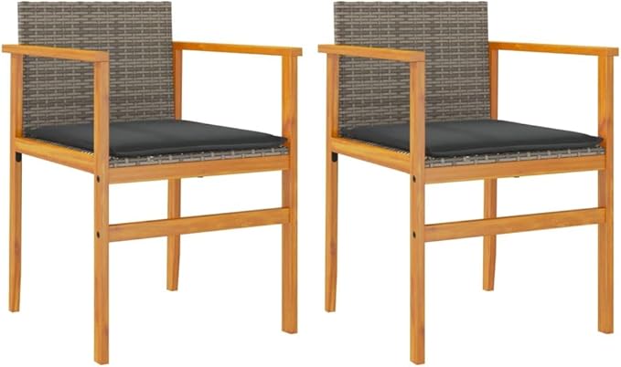 Patio Chairs with Cushions 2 pcs Gray Poly Rattan&Solid Wood Sillas para Patio Lawn Chairs for Dining Table Garden - Photo 2