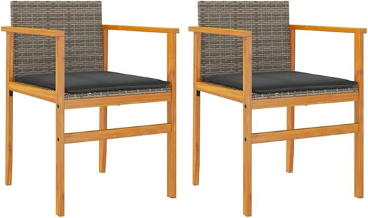 Patio Chairs with Cushions 2 pcs Gray Poly Rattan&Solid Wood Sillas para Patio Lawn Chairs for Dining Table Garden Chair for Picnic Study Courtyard Living Room
