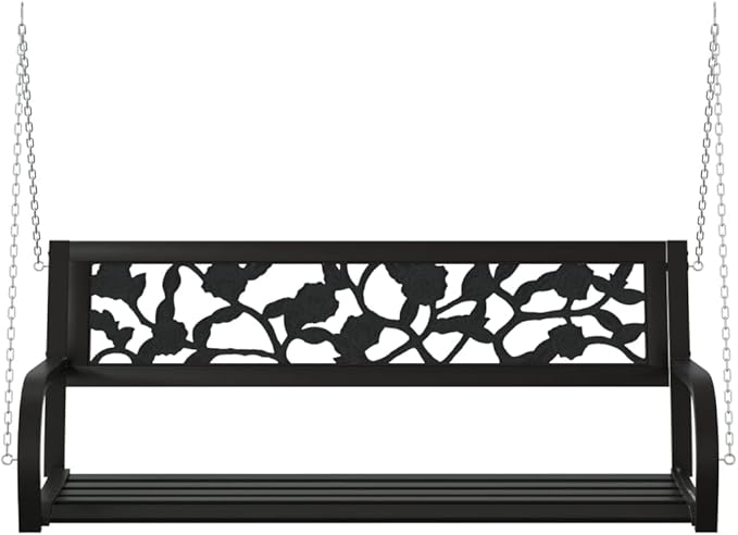 Garden Swing Bench Black Steel and Plastic Medium Outdoor Seating for Garden and Patio