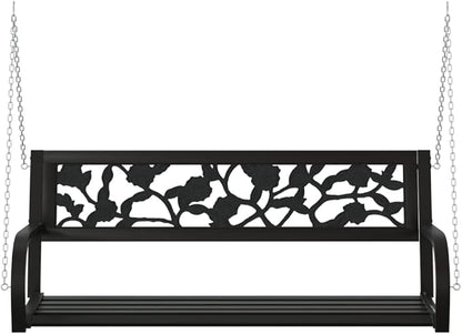 Garden Swing Bench Black Steel and Plastic Medium Outdoor Seating for Garden and Patio