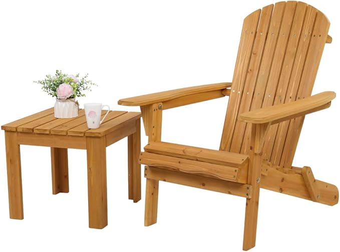 VINGLI Folding Wooden Adirondack Chair and Table Set Lounger 350 LBs Support Fire Pit Seating Natural Finished Weather Resistant Indoor Outdoor Furniture