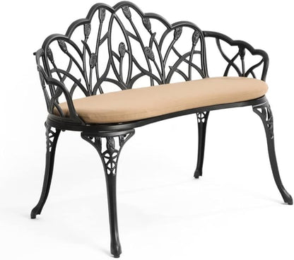 Patio Aluminum Outdoor Bench with Soft Cushion, Garden Metal Loveseat Furniture, Leaf Carving Antique Black Front Porch Chair Seat