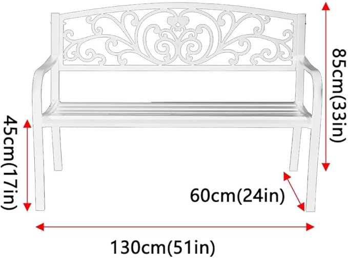 Outdoor Metal Garden Bench, Patio 3 Seater Steel Bench, Outdoor Furniture Seat w/Backrest and Armrests for Backyard, Park, Front Porch(White)