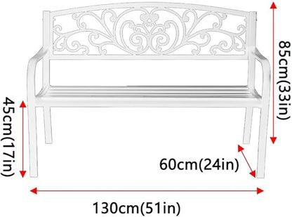 Outdoor Metal Garden Bench, Patio 3 Seater Steel Bench, Outdoor Furniture Seat w/Backrest and Armrests for Backyard, Park, Front Porch(White)