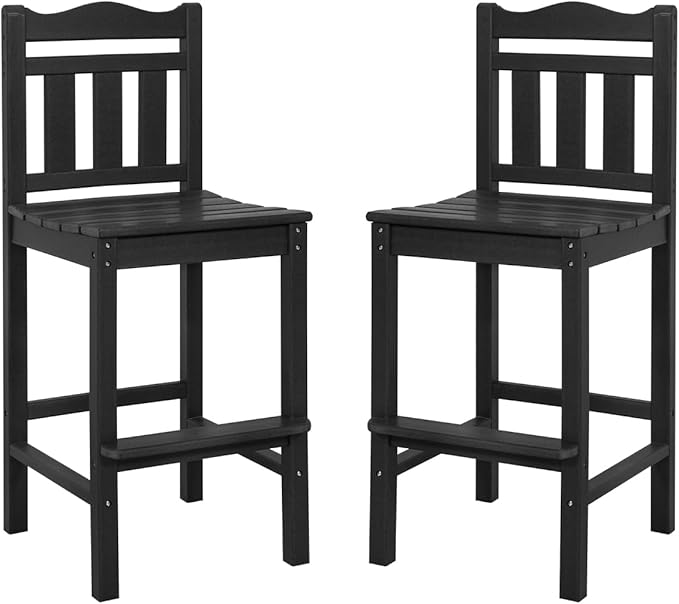 Sundale Outdoor Tall Adirondack Bar Chair Set of 2, HDPE Patio Bar Stools with Backrest, 27.5 Inch Seat Height Tall Bistro Dining Counter Stool, All-Weather Pub Height Chair, Black