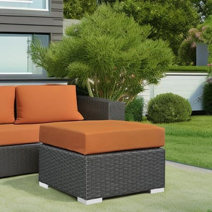 Modway Sojourn Wicker Rattan Outdoor Patio Sunbrella Fabric Ottoman in Canvas Tuscan