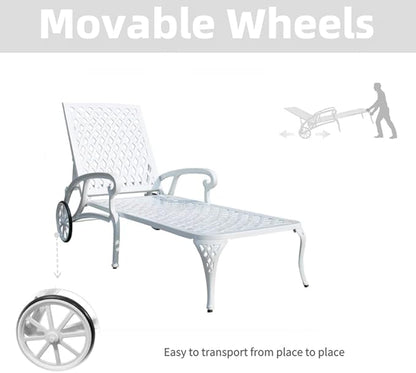 Chaise Outdoor Aluminum Lounge Chair with Wheels, 3-Position Adjustable Recliner Furniture Set for Poolside, Backyard and Patio (1pc, White)