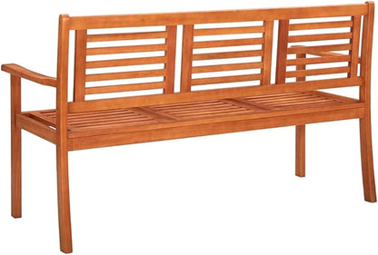 Brown Solid Eucalyptus Wood 59.1 Inch Ergonomic 3-Seater Garden Bench with Removable Cushion for Patio Balcony Outdoor Seating Furniture