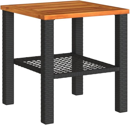 Square Garden Side Table, Small Outdoor Patio Table with Poly Rattan and Solid Acacia Wood, Weather-Resistant Coffee Table for Balcony, Terrace, and Backyard, Black