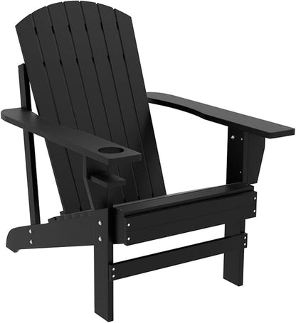 Folding Adirondack Chair, Weather Resistant Outdoor Patio Chair with Cup Holder for Lawn, Backyard, Poolside(Black)