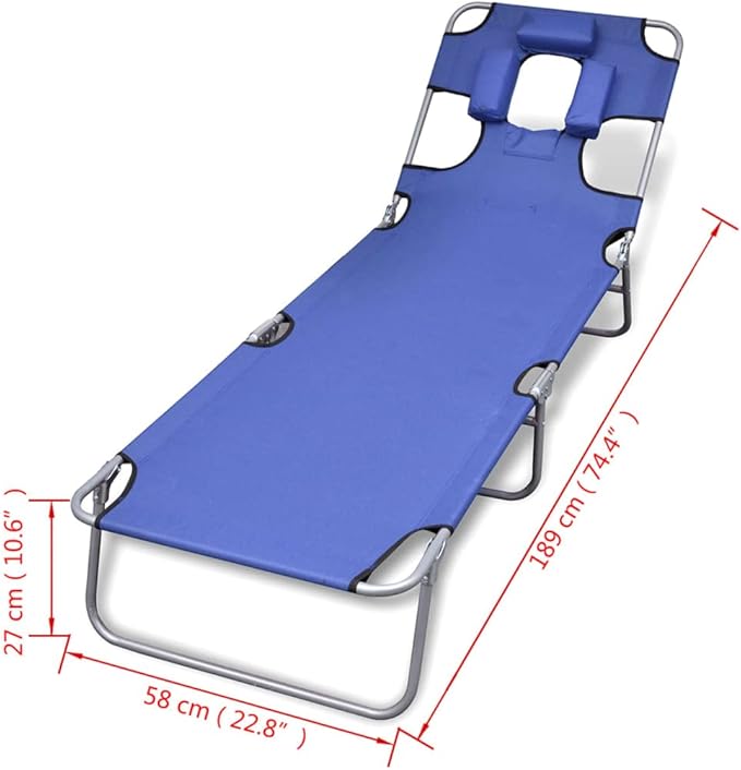 Folding Blue Sun Lounger Outdoor 74.4x22.8x10.6 in Powder-Coated Steel Frame Adjustable Backrest Portable Poolside - Photo 2