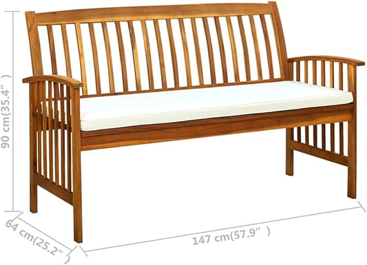3 Seater Garden Bench Solid Acacia Wood Outdoor Bench with Plush Cushion Rustic Style for Patio Terrace and Backyard 57.9 x 35.4 x 17.3 Inches Brown