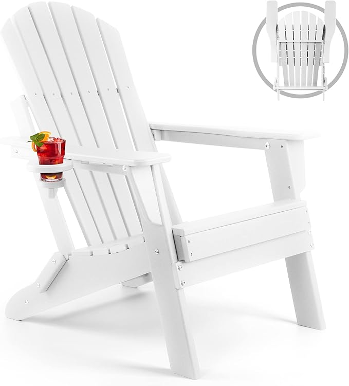 FUNBERRY Folding Adirondack Chair, HDPE All Weather Fire Pit Chairs with Cup Holder for Outdoor