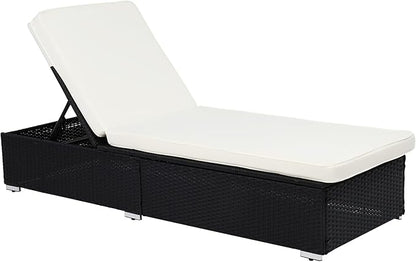 VINGLI Outdoor Chaise Lounge with Adjustable Backrest, Patio Beach Poolside PE Wicker Rattan Lounge Chairs with Water Repellent Cushions,Beige & Cream White (Black)