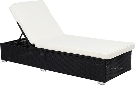 VINGLI Outdoor Chaise Lounge with Adjustable Backrest, Patio Beach Poolside PE Wicker Rattan Lounge Chairs with Water Repellent Cushions,Beige & Cream White (Black)
