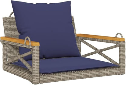 Gray PE Rattan Single Detachable Patio Swing Bench with Navy Cushions for Outdoor Garden Balcony Modern Design Weather Resistant