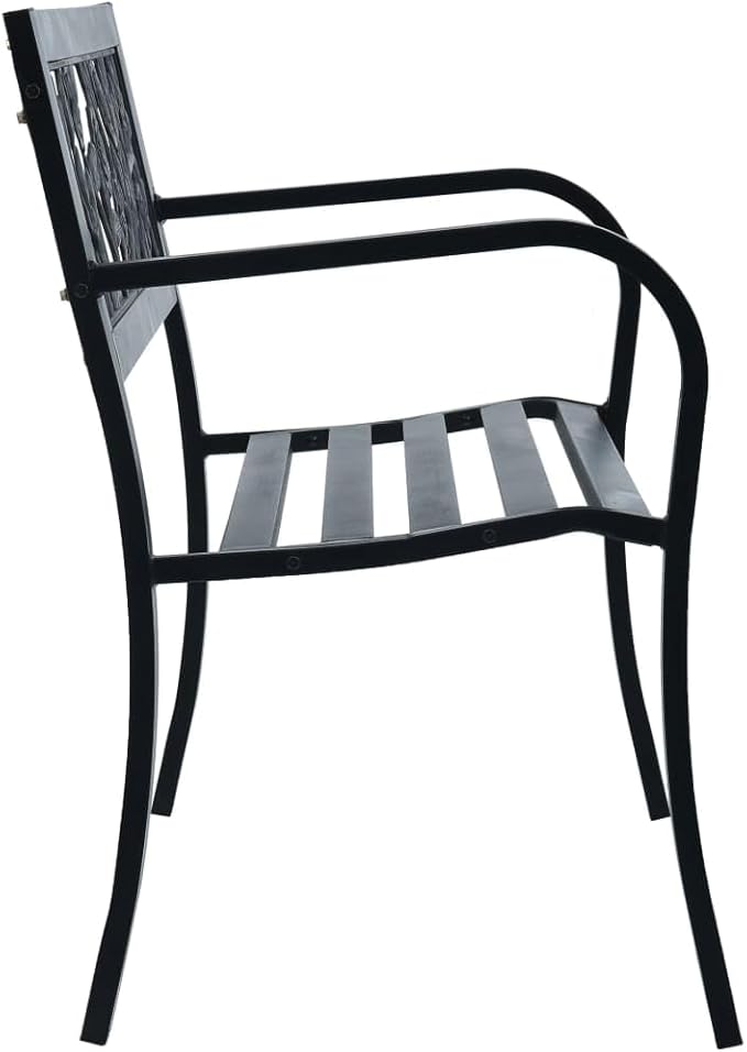 Vintage Black Steel Garden Bench 49.2 in Durable Outdoor Seating with Floral Pattern for Patio Balcony Comfortable Two-Person Rectangular Bench