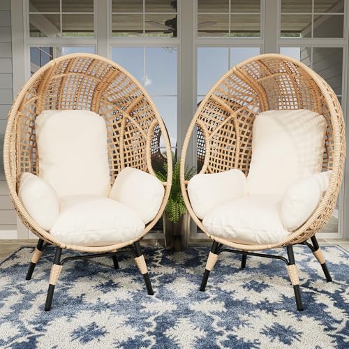 2 pcs Oversized Wicker Egg Chair Outdoor Indoor - Rattan Patio Egg Lounge Chairs with Cushion 500lbs Capacity for Living Room, Balcony, Backyard