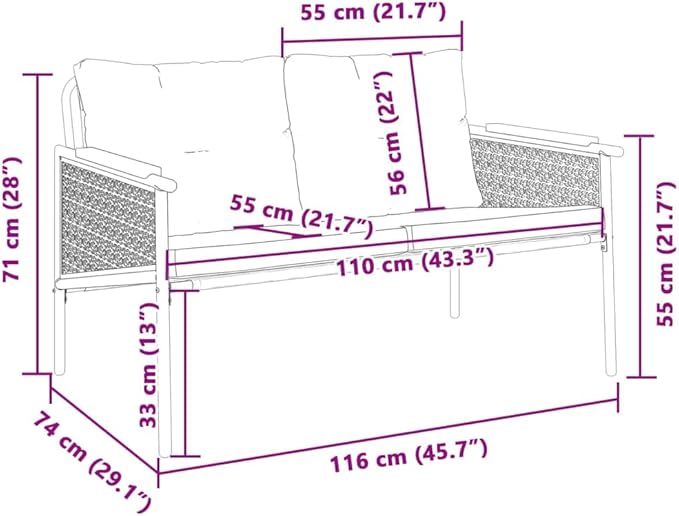116 cm Black Patio Outdoor Sofa Bench with Anthracite Cushions, Modern Steel Frame - Photo 9