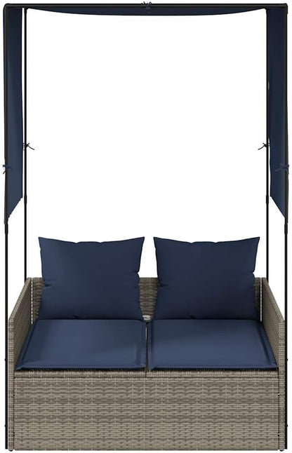 Gray Poly Rattan Patio Double Sun Lounger 17 x 18.3 x 29 in Navy Cushions Outdoor Lounge Chair for Two with Adjustable Roof & Curtains for Garden, Poolside, Balcony