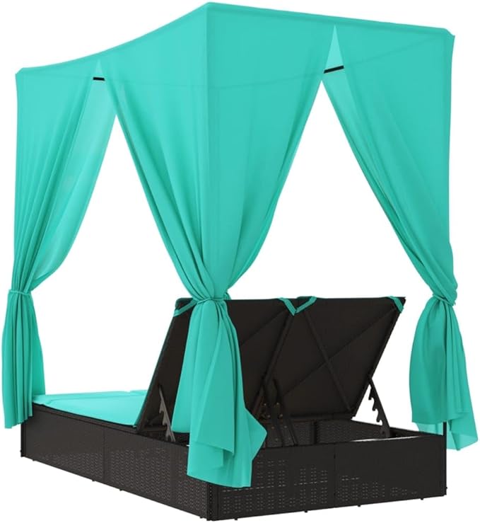 78.7"x44.9" Double Chaise Lounge Outdoor with Roof Turquoise Cushions Black PE Rattan Patio Furniture Adjustable - Photo 7