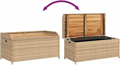 Outdoor Storage Bench 39.4 in Mixed Beige & Brown All-Weather Poly Rattan & Acacia Wood Seating for Garden Patio Balcony Entryway