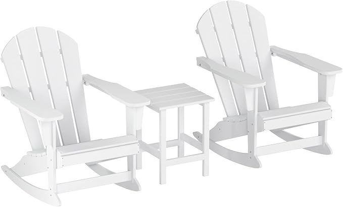 WO WESTIN OUTDOOR HDPE Laguna Outdoor Rocking Poly Adirondack Chair with Side Table 3-Piece Set, White