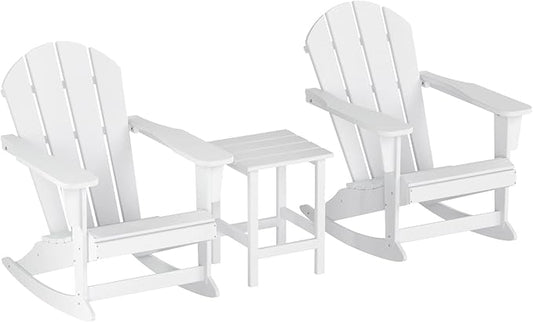 WO WESTIN OUTDOOR HDPE Laguna Outdoor Rocking Poly Adirondack Chair with Side Table 3-Piece Set, White