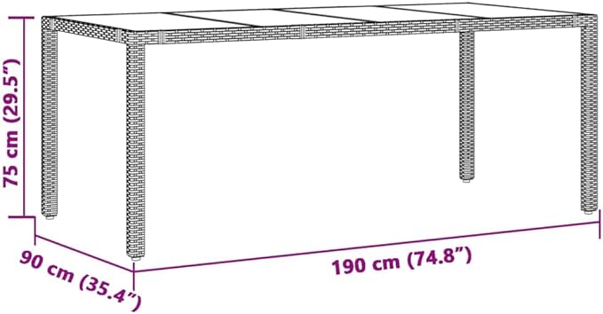 vidaXL Patio Table - Outdoor Garden Furniture Gray Poly Rattan - Glass top Modern Deck Table - 74.8" x 35.4" x 29.5" - Photo 4