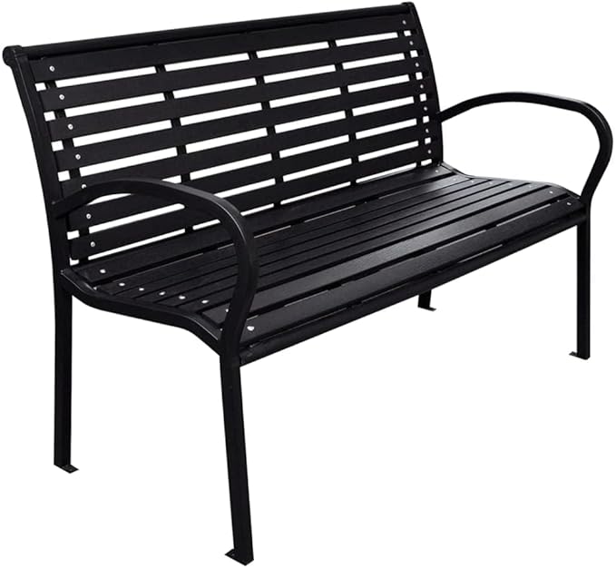 BOWERY HILL Contemporary Steel Garden Bench, Matte Black Finish, 116 cm Wide, Rectangular Design, WPC and Steel Construction, Seats 2, Sleek Outdoor Furniture for Patio, Garden, or Balcony Use