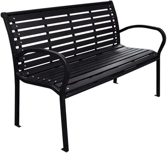 BOWERY HILL Contemporary Steel Garden Bench, Matte Black Finish, 116 cm Wide, Rectangular Design, WPC and Steel Construction, Seats 2, Sleek Outdoor Furniture for Patio, Garden, or Balcony Use