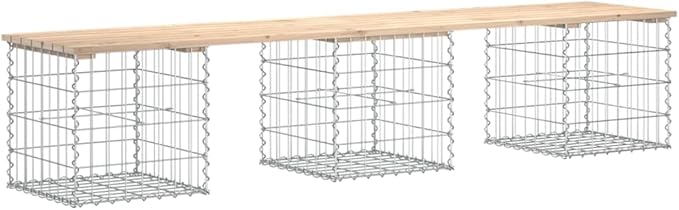 Natural Wood and Silver Garden Bench with Gabion Basket Base, Solid Pine Wood and Galvanized Steel Construction for Outdoor Patio, Garden, and Balcony Seating, Rustic Design