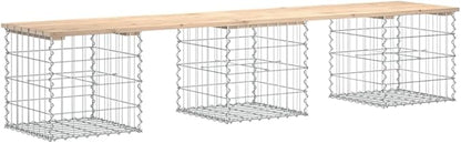 Large Outdoor Garden Bench with Gabion Basket Base, Solid Pine Wood Patio Seating for 3, Rustic Brown Wooden Bench for Backyard, Garden, and Terrace