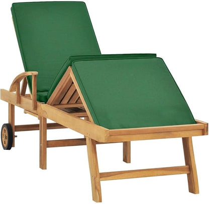 Solid Teak Wood Sun Lounger with Green Cushion, Adjustable Outdoor Chaise Lounge Chair with Wheels for Patio, Poolside, Garden, Weatherproof Deck Furniture