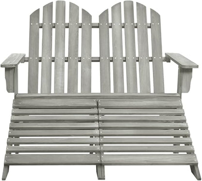 Solid Fir Wood Two-Seater Garden Adirondack Chair with Ottoman, Detachable Grey Outdoor Furniture for Patio Balcony Relaxation Comfortable Durable