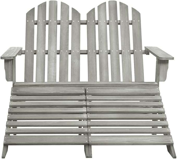Grey Solid Fir Wood Adirondack Chair with Ottoman, Two-Seater Outdoor Patio Lawn Chairs for Garden, Deck, Balcony - Photo 3